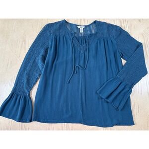 90s Bass Teal Blue Boho Peasant Blouse Top‎ Lace Long Boho Bell Sleeve Retro S